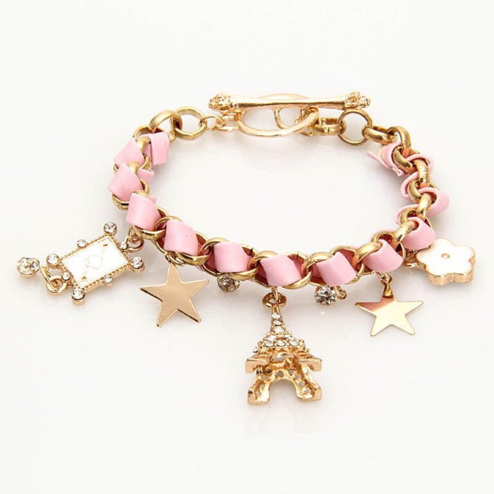 White OR Pink Paris Eiffel Tower Leather Rope Twisted Thru Unique Charm Bracelet